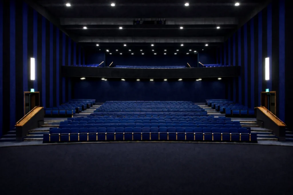Vizualizace hlediště Divadla Odeon s modrými sedadly